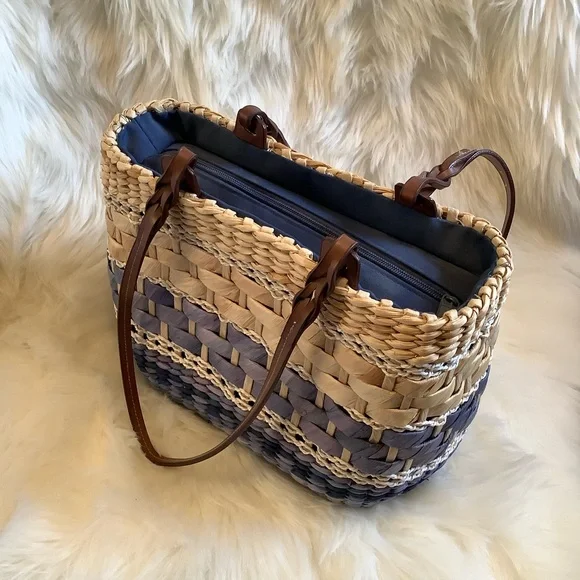 Straw Hand Woven Top Zip Boho Bohemian Purple Tan Purse That’s Lined - Picture 3 of 9